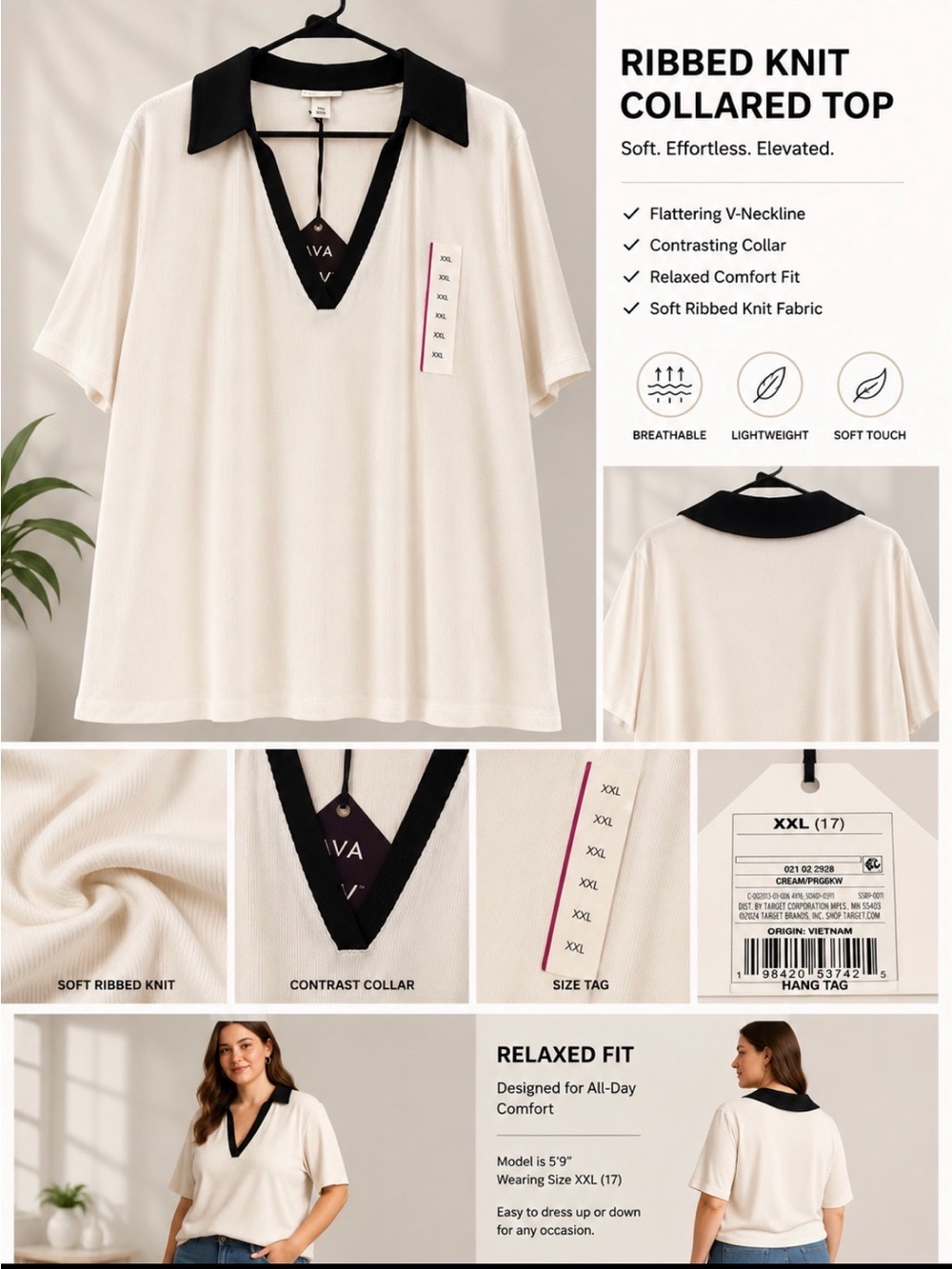 Ribbed Knit Collared Top — Cream with Black Contrast Collar